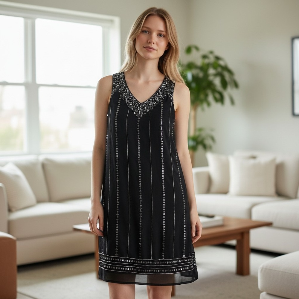 Nicole by Nicole Miller Black Sequin Beaded Shift Dress Sleeveless V-Neck Size 2